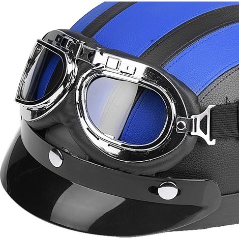 Casque rétro en cuir pour moto/vélo électrique, adapté à toutes les saisons, avec lunettes (bleues) (Non disponible sur Amazon US) (1/5)