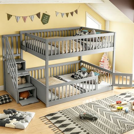 Lit superposé 140x200 cm avec échelle de rangement et tiroirs,lit mezzanine enfant en bois,cadre de lit enfant avec sommier à lattes,Gris (1/5)
