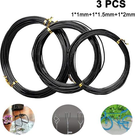 Lot de 3 fils de fer pour bonsaï, fils de palissage en aluminium anodisé pour loisirs créatifs, tailles 1,0 mm/1,5 mm/2,0 mm (marron, noir) (1/5)