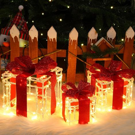 Boîtes à Cadeaux Lumineuses de Noël, 215 LEDs Décoration Intérieur Lumière, Lot de 3 Boîtes Lumineuses Métal Acrylique Décoration Coli Éclairage de Noël Intérieur/Extérieur Déco Lumière (1/5)