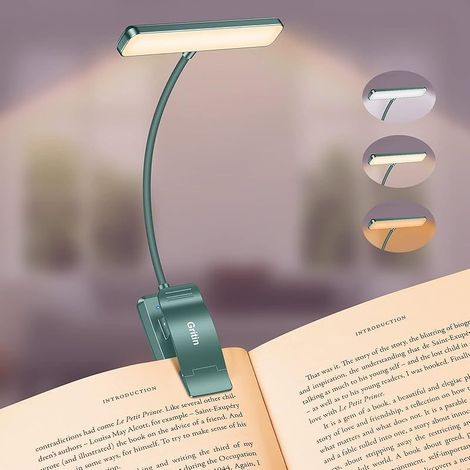 Leselampe Buch Klemme, USB Wiederaufladbare Buchlampe mit 19 LEDs, 3 Farb, Lange Laufzeit, Stufenlose Helligkeit Klemmlampe, 360° Flexibel Klemmleuchte für Nachtlesen ins Bett-Tintengrün (1/5)