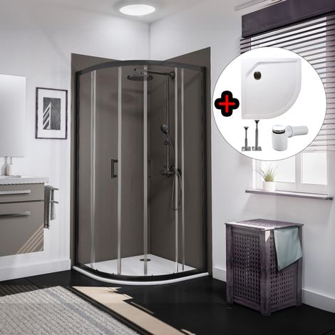 Accès d'angle arrondi 90 x 90 x 190 cm avec portes de douche coulissantes + receveur, verre 5 mm transparent anticalcaire, profilé noir, Sunny, Schulte