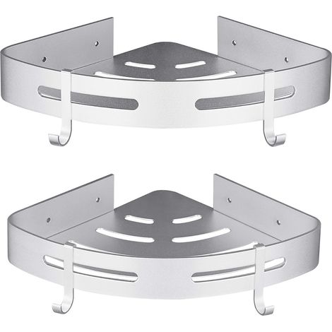Eckduschablage, kein Bohren erforderlich, Badezimmeraccessoire aus Aluminium, 2er-Set, Silber, mit Haken