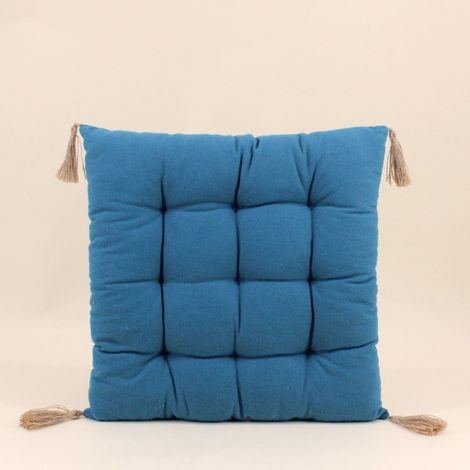Galette de chaise bleue avec pompons 40x40cm (1/5)