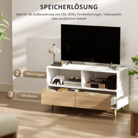 Meuble TV blanc en bois avec tiroirs et étagères ouvertes, 99 x 39 x 58 cm