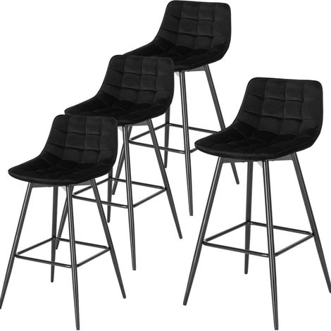 Woltu – Tabouret de bar en velours noir – Hauteur d'assise 64 cm – Cadre en métal robuste – Dossier et repose-pieds ergonomiques – Lot de 4 (1/5)