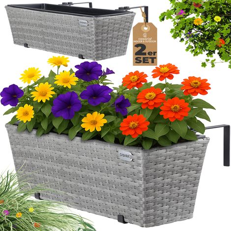 CASARIA® Blumenkasten Balkonkasten Pflanzkasten 11 Liter Montagehalterung Polyrattan indoor outdoor Geländerkasten Grau (1/5)