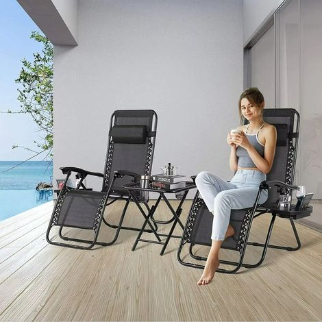 Ensemble de chaises longues de jardin Homfa avec table pliante, chaise longue réglable à gravité zéro, sièges intérieurs/extérieurs, pour piscine,noir (1/5)