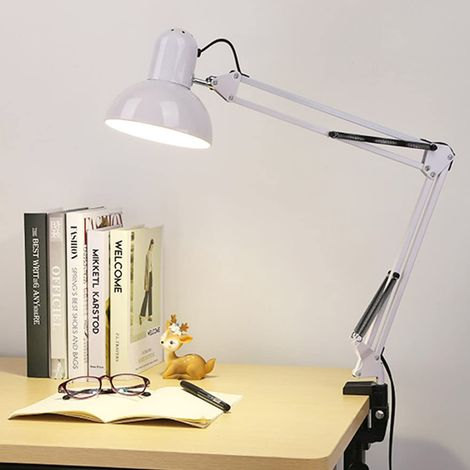 Mengjay Design Rétro Lampe De Bureau À Pince Métal Bras Oscillant E27 Liseuse Lampe D'architecte pour en Train De Lire en Train D'étudier Chevet Bureau,Blanche (1/5)