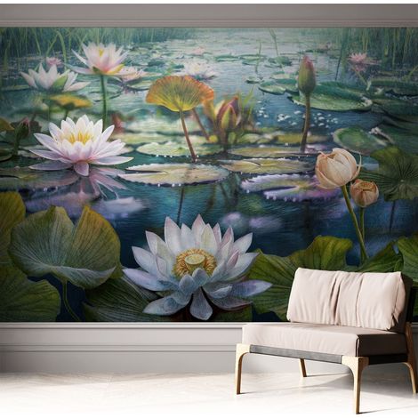 Carta da parati adesiva - fotomurale - facile da applicare - per la soggiorno - camera da letto - Fiori dello stagno 312x219 cm (1/5)