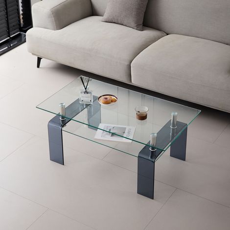 Table basse verre trempé transparent pieds verre gris design moderne salon élégant