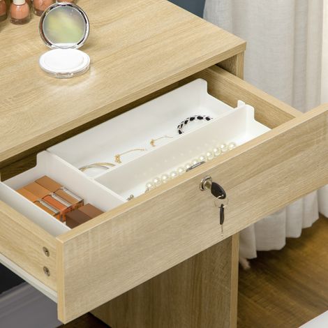 Table de maquillage en bois avec miroir, tabouret coordonné, 4 tiroirs et 4 étagères de rangement (1/5)