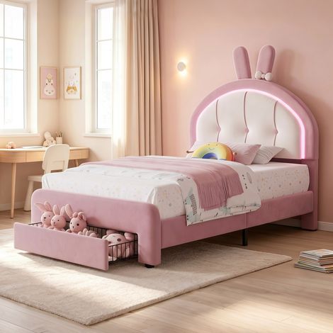 Lit Enfant Fille 90x200 cm Velours Rose - avec LED et Tiroir de Rangement - Lit Bébé à Tête de Lapin - Sommier à Lattes (1/5)