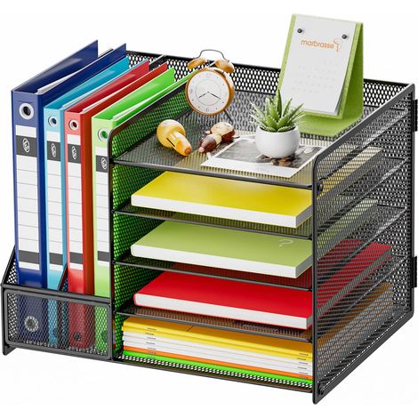 Organisateur de Bureau avec Porte-Documents,5-Niveaux Porte-Lettres Rangement Maille,pour Fournitures de Bureau Domicile(Noir sans Tiroir Porte-Stylos) (1/5)