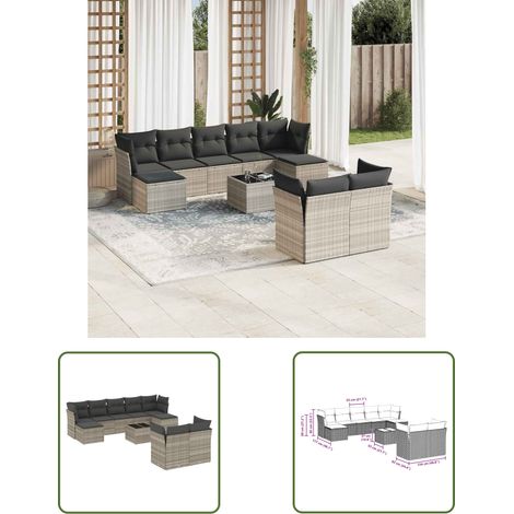vidaXL 10-tlg. Garten-Sofagarnitur mit Kissen Hellgrau Poly Rattan