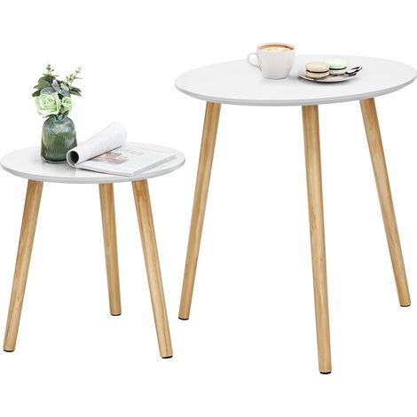 Table Basse Ronde, Table de Salon Moderne Minimaliste, Lot de 2, Table d'Appoint, avec Pieds en Bois de Pin, Style Scandinave, pour Salon, Balcon, Blanc et Couleur Bois (1/5)