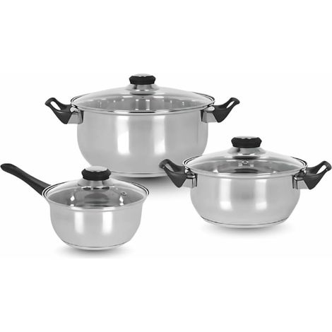 Batterie de Cuisine Induction 6 Pièces Acier Inoxydable avec Couvercles en Verre Casseroles et Marmites Tous Feux Dont Induction Set de 3 Casseroles Ø16-20-24 cm avec Couvercles (1/5)