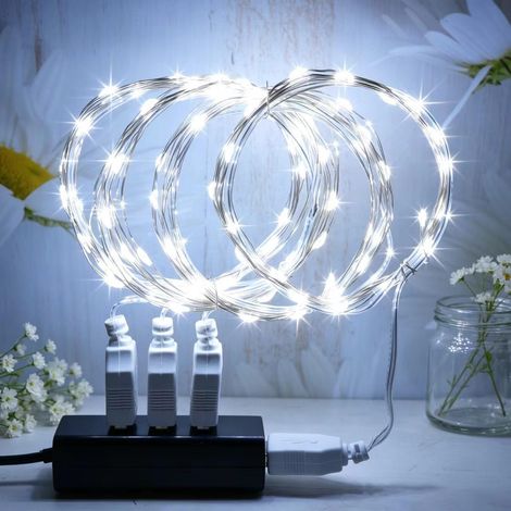 4 pièce de guirlandes lumineuses LED, 20LED 2M / 6.6Ft USB guirlandes lumineuses extérieures/intérieures étanches pour chambre, cour, mariage, Noël, bricolage, etc. (blanc) (1/5)