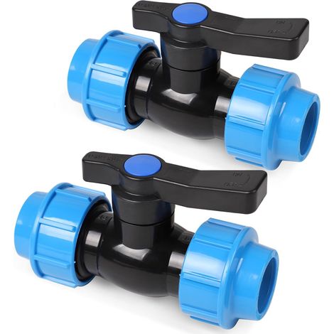Lot de 2 robinets à boisseau sphérique pour tuyau en polyéthylène de 32 mm - Raccord de tuyau en polypropylène - Valve d'arrêt pour tuyau en polyéthylène
