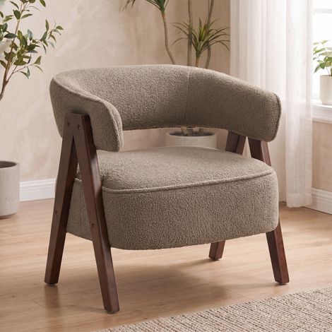 Butaca de Salón Tapizada en Borreguito Acolchada Gruesa Patas de Madera Respaldo Curvado 70x64x71 cm Marrón Claro (1/5)
