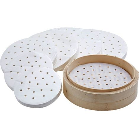 100 feuilles de papier vapeur perforé de 10 cm pour brioches bao, raviolis et tourtes à la viande.