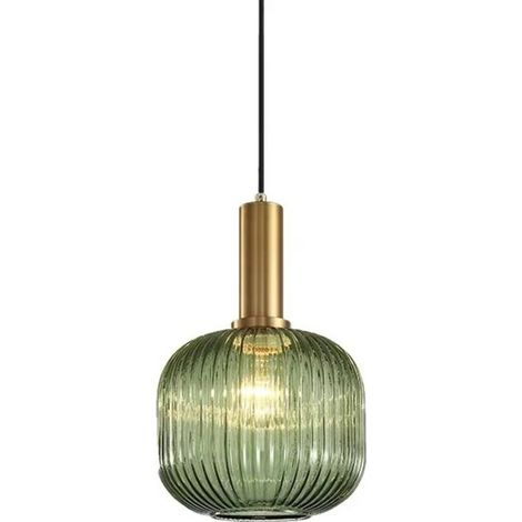 Suspension luminaire industrielle en verre vert 20cm – Douille E27 – Abat-jour rayé – Support en cuivre doré – Câble ajustable 1,2m (1/4)