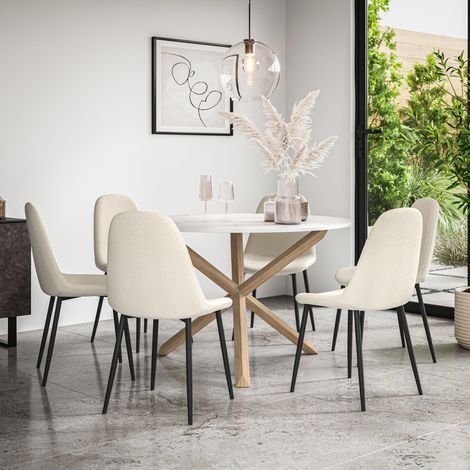 Malvern Round Dining Table And Chairs - Marble Table Top w Solid Oak Legs + Maya Boucle Dining Chair Set Of 6 (Ivory White) (1/5)