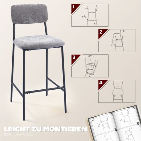 MEUBLIV 2er-Set Barhocker Grau mit Rückenlehne, Fußstütze und gepolstertem Sitz (1/5)