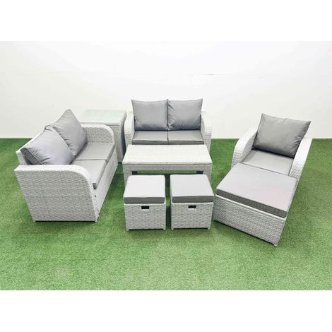 Fimous High Back Poly Rattan Garden Furniture Set with Reclining Chair Loveseat Sofa Oblong Coffee Table Indoor Outdoor Patio  Set 3 Stools Side Table Light Grey (1/4)