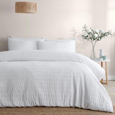 Couette en Seersucker Blanc uni King Size (230 x 220 cm) – Housse texturée Douce au Toucher avec Rayures de Chemin de Fer Effet plissé (1/3)
