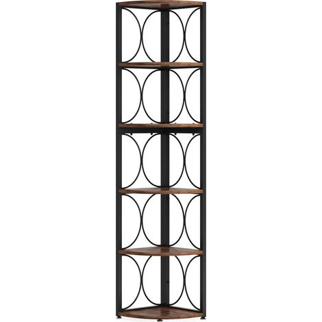 Bibliothèque d’angle à 6 étagères en métal et bois noir et brun rustique (1/5)