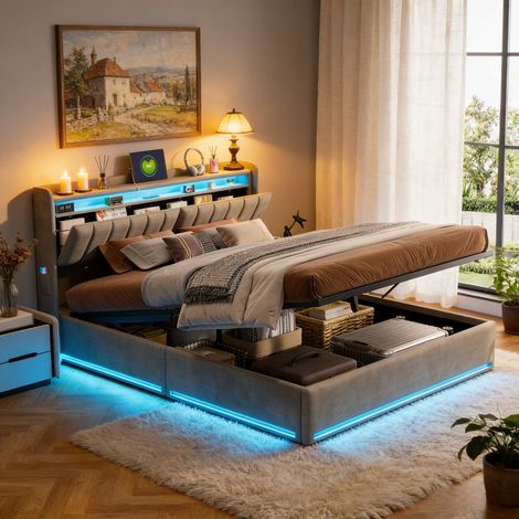 Letto contenitore 140x190 cm in velluto con LED regolabile e USB Type-C, letto matrimoniale imbottito, rete a doghe
