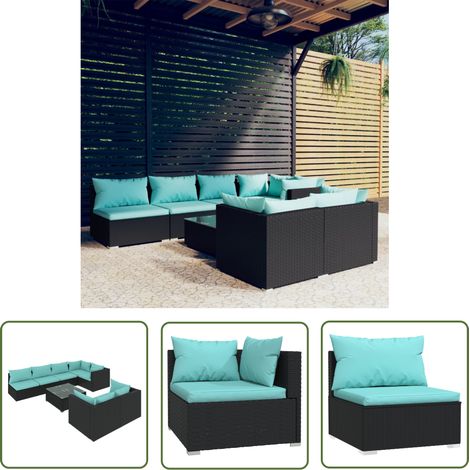 Gartensofa - vidaXL 8-tlg. Garten-Lounge-Set mit Kissen Schwarz Poly Rattan - Gartenstuhl (1/5)