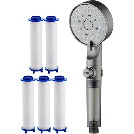 Pommeau de douche filtrant - Douchette à main , 5 jets , buses en silicone réglables avec filtre amo (1/5)