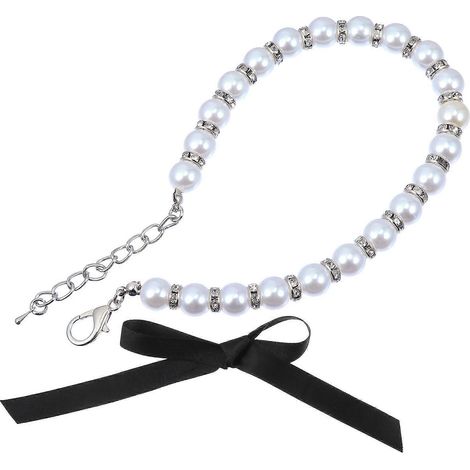 Collar de perlas para mascotas, collar blanco para perro con lazo de cinta, 1 juego (1/5)