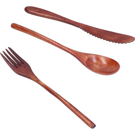 Ensemble 3 pièces couteau fourchette cuillère en bois portable pour dessert maison hôtel (1/5)