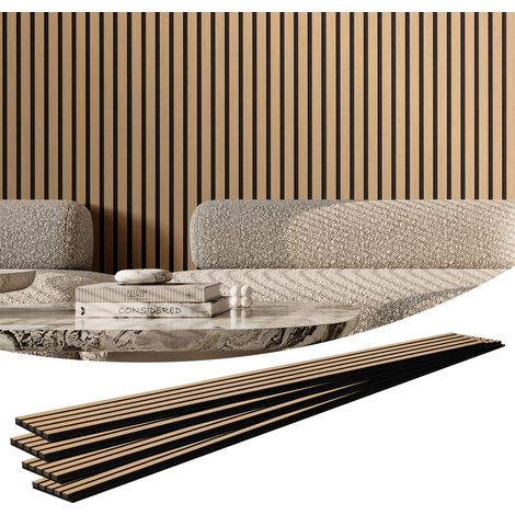 Panneaux acoustiques à lattes en bois 2400 x 200 mm lamelles acoustiques en MDF pour mur intérieur moderne, panneaux muraux en faux bois pour décoration élégante, réduction du bruit, chêne clair (1/5)
