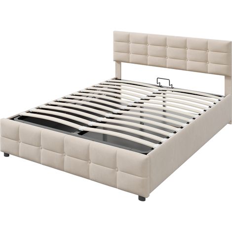 Cama capitoné 180 x 200 cm con somier de láminas, elevación hidráulica, terciopelo beige (1/5)