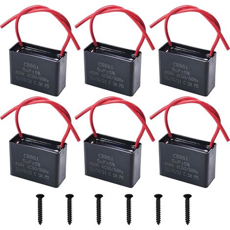 Lot de 6 Condensateurs CBB61 450V 5 µF AC 50/60 Hz Climatiseur Ventilateur Moteur Condensateur de Marche Démarrage pour Ventilateur de Plafond, Hotte (1/4)