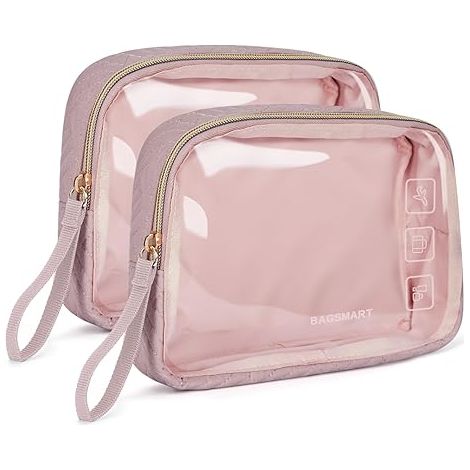 Trousse de toilette approuvée par la TSA, lot de 2 trousses de maquillage transparentes, format 1 litre, accessoires de voyage indispensables pour les articles de toilette en cabine - Rose (1/5)