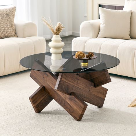 Table basse ronde Ø79x45 cm avec plateau en verre trempé, base géométrique en MDF, effet noyer (1/5)