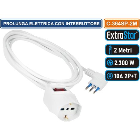 CAVO PROLUNGA BIANCO 2 METRI CON INTERRUTTORE E PROTEZIONE DA SOVRATENSIONE 2300W SPINA ANGOLARE 10A 2P+T PRESA BIPASSO+SHUKO