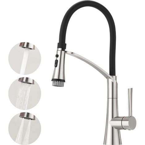 Robinet Cuisine 3 Voies avec Douchette Extractible, Mitigeur 3 Voies Cuisine Pivotant à 360°, Robinetterie Cuisine Eau Potable, Robinet Évier de Cuisine avec Sortie Eau Filtrée,Chrom