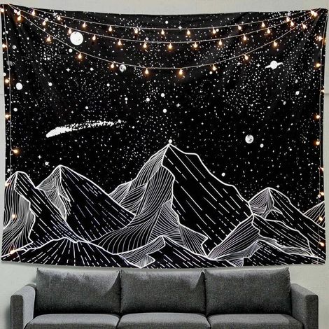 Arazzo decorativo da parete in cotone – Montagna, luna e stelle, bianco e nero, 130 x 150 cm, per camera da letto o soggiorno.