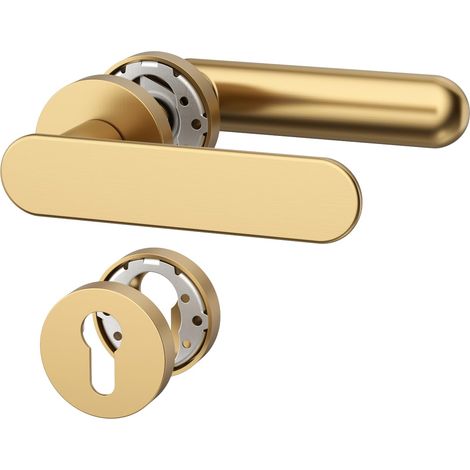 Poignée de porte intérieure or champagne avec rosace ronde, ensemble béquille PZ avec cylindre européen, design classique pour portes d'entrée et intérieures UK0101 (1/5)