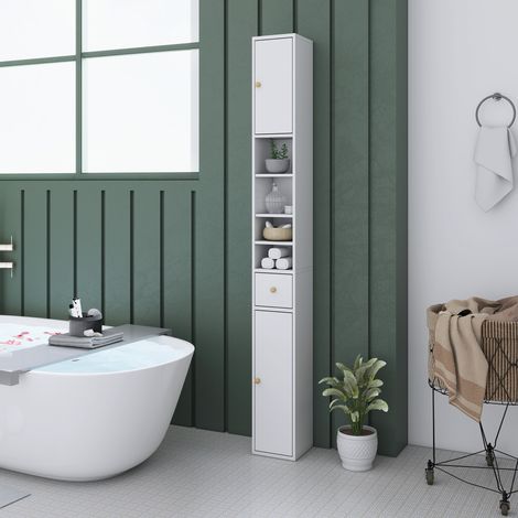 Columna de baño que ahorra espacio con 2 armarios, 3 estantes abiertos y cajón, mueble de baño con 8 estantes de madera ajustables, 20x20x178 cm, blanco