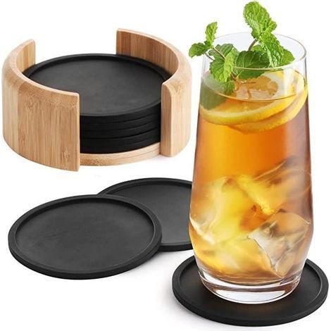 Round Silicone Coaster, Set of 8 Black Slate for Decoration, Candles, Drinks Design Coaster for Cups, Bar, Table (1/4)