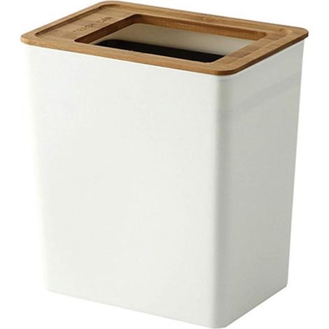 Poubelle de salle de bain 7,5 litres – Rectangulaire en plastique durable – Couvercle en bambou ouvert – Dimensions 23x16x25,5 cm (1/5)