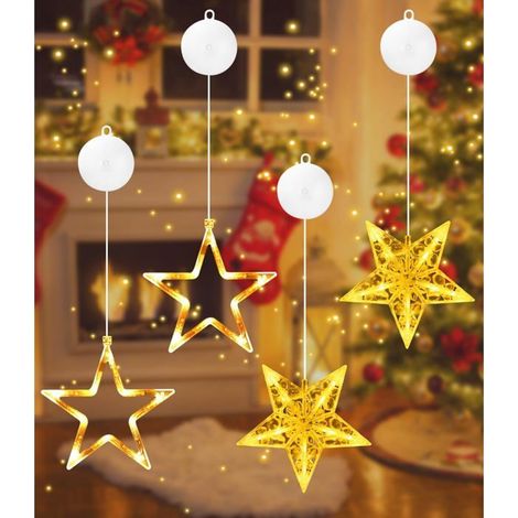 4 Pièces Décoration fenêtre,Étoile LED 10 lumières,Blanc chaud IP43 étanche,Piles AAA,Jardin intérieur extérieur Noël (1/5)