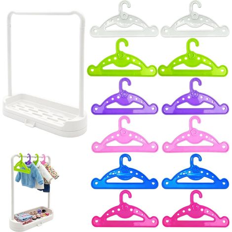 Ensemble de 13 Accessoires pour Poupée avec 1 Porte-Manteau Blanc et 12 Cintres Colorés (12,5cm), Cintre Bébé et Enfant pour Vêtements de Poupée, Rangement Dressing et Poupon (1/5)